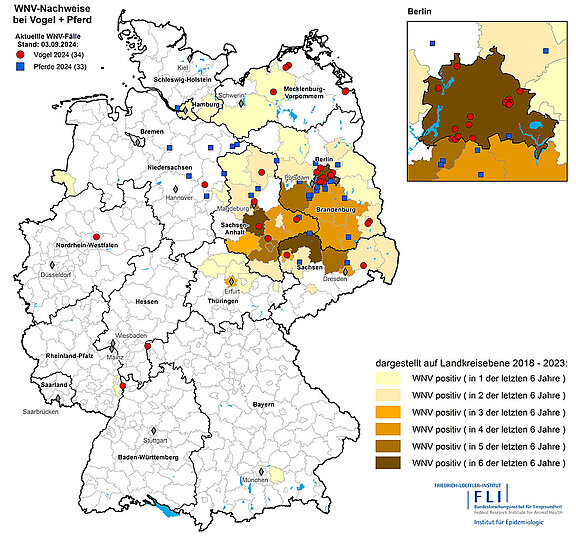 Karte: Nachgewiesene Fälle von Infektionen mit West-Nil-Virus bei Vogel und Pferd 2018-2023, Stand 03.09.2024